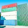 A vibrant stack of colorful shipping containers against a clear blue sky.